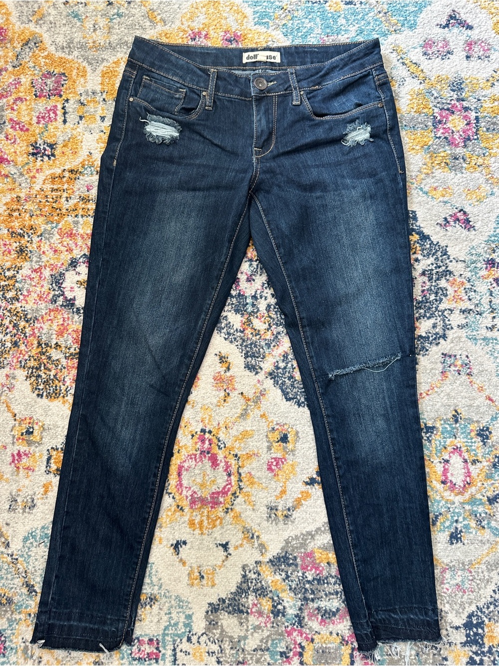 Dollhouse Distressed Skinny Jeans Size 5 Dark Wash Ripped Ankle Raw Hem Stretch